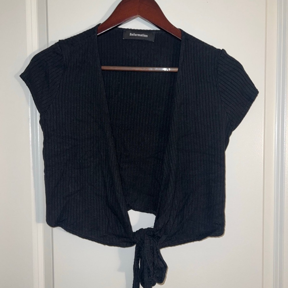Reformation Flora Black Ribbed Wrap Tie Top